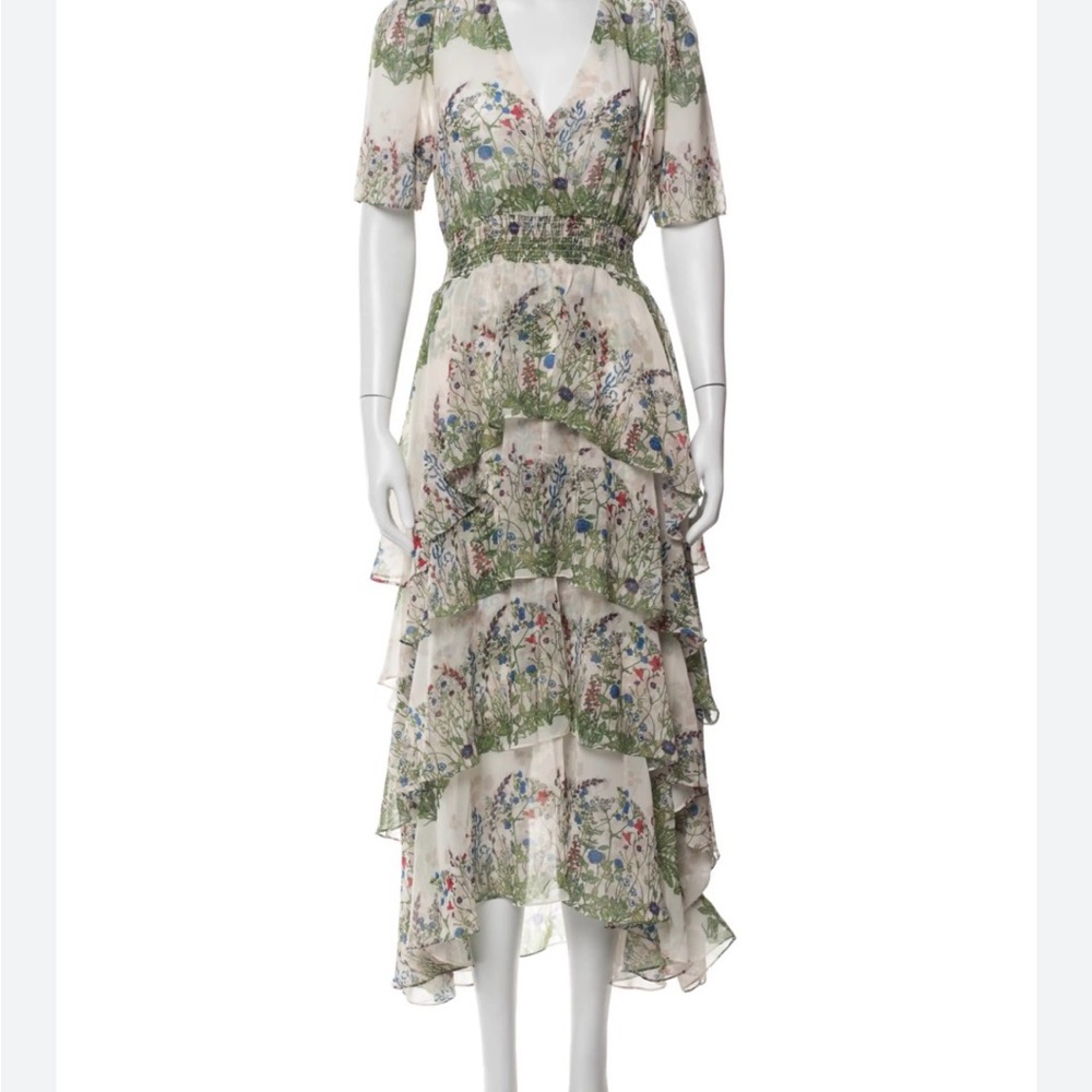 Maje Cream Floral Tiered High-Low Dress with Green & Blue Print